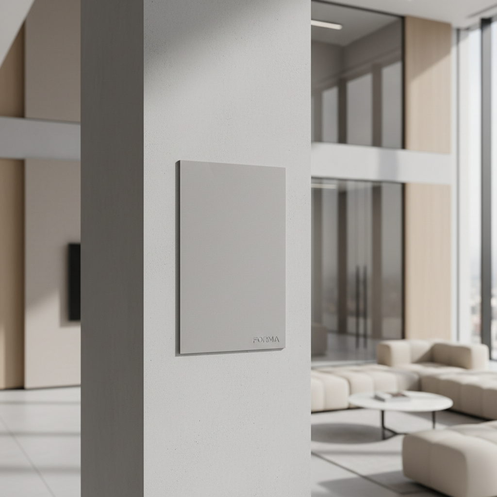 A sleek section of architectural film elegantly applied to a smooth, light grey concrete wall, showcasing subtle matte texture and flawless adhesion along the surface. The installation sits in a pristine, sunlit modern office lobby with minimalist furnishings, surrounded by neutral-toned panels and glass accents. Diffused natural daylight bathes the space, creating clean highlights along the edges of the film and gentle, understated shadows. The image conveys a calm, refined, and professional atmosphere, emphasizing innovation and sophistication. Photographed at eye level with a balanced composition and sharp focus, the style is photographic realism—clean lines and structured layout reinforce a corporate, contemporary aesthetic. Ideal for illustrating FORMA’s core offering: premium, sustainable surface transformation.