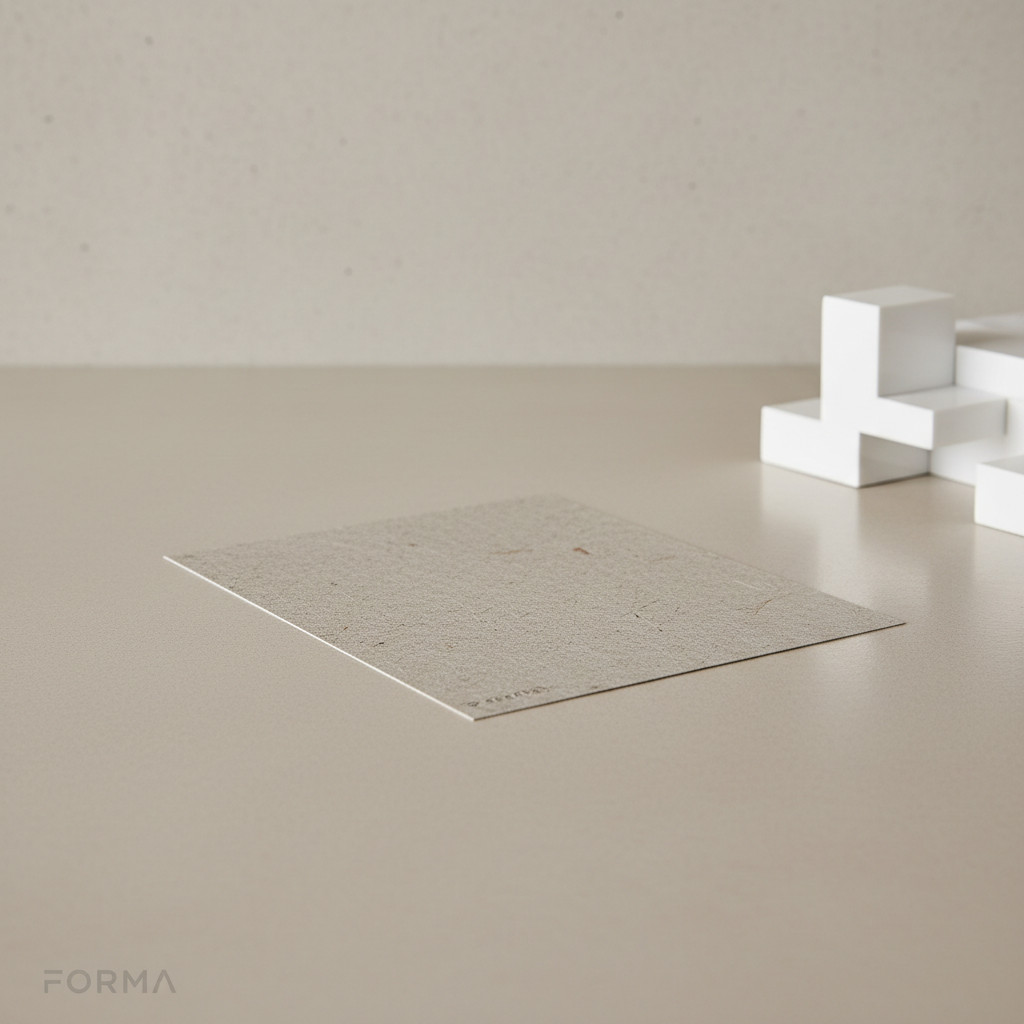 A close-up view of an architectural film sample displayed on a seamless, soft-beige tabletop, emphasizing the film’s eco-friendly texture and understated satin finish. Neutral-toned backdrop with faint reflections from a glossy white architectural model positioned nearby. Gentle studio lighting washes over the scene, accentuating the tactile quality of the materials while casting minimal shadows. The overall mood is professional and refined. Shot at a slight overhead angle, the composition uses the rule of thirds for visual interest, and the photographic style is clean and modern. This image authentically represents FORMA’s sustainable and meticulous approach, focusing on material innovation and quality craftsmanship.