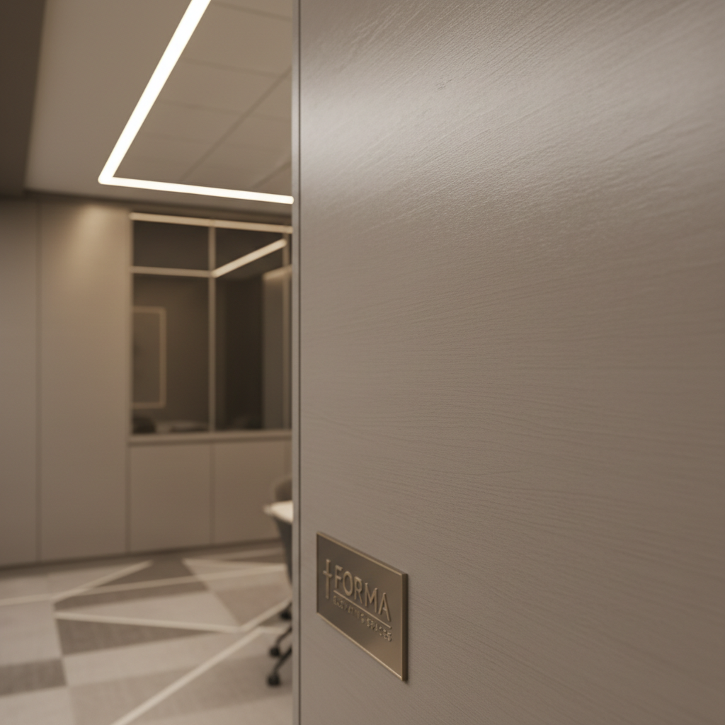 A close-up detail of architectural film flawlessly applied to a textured wood panel wall, highlighting the seamless integration and the film’s refined, neutral taupe color with a gentle sheen. Set within a meeting room corner, the background includes muted, built-in cabinetry with mirrored panels and a geometric, neutral-toned carpet pattern. Directional, soft LED lighting from above brings out the depth and subtle reflections of the film, creating a serene and sophisticated ambiance. Captured at eye level with a shallow depth of field focused on the film’s surface, the atmosphere is calm, sleek, and professional—illustrating FORMA’s expertise in elevating spaces with modern design solutions.