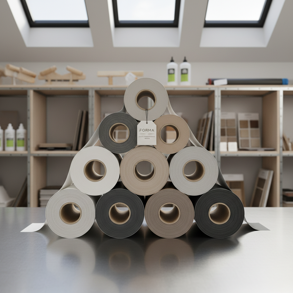 A stack of architectural film rolls in various neutral tones—matte white, sandstone, and graphite grey—neatly arranged on a polished stainless steel workbench within a clean, organized installation workshop. Behind, shelving units display sustainable installation tools and sample boards, subtly blurred for depth. Soft daylight streams through overhead windows, creating gentle highlights on the film textures and clean shadows along the edges. The scene is composed with a centered, slightly angled shot, emphasizing order and professionalism. Photographic realism highlights texture and precision, communicating FORMA’s dedication to material quality, sustainability, and systematic process.