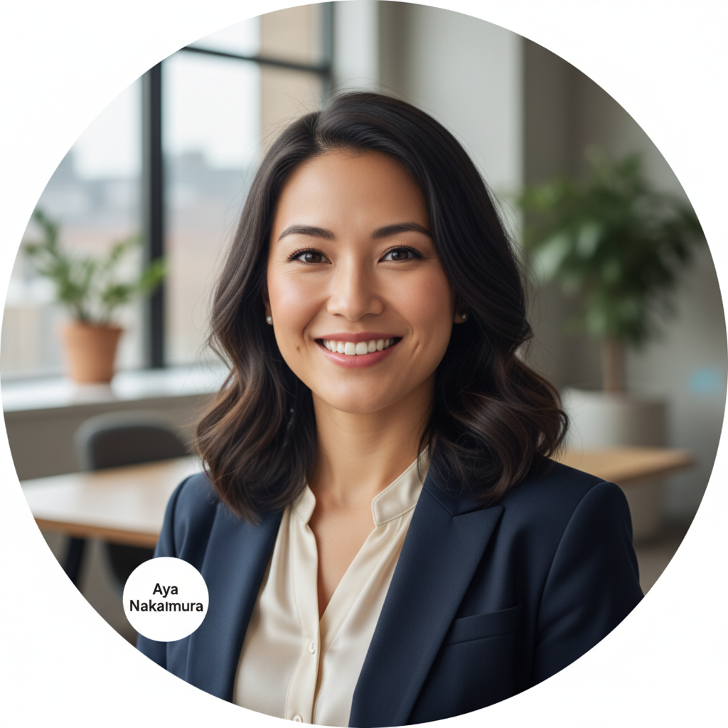 Professional, friendly portrait of a business client in a modern office setting, soft neutral background, natural light, subtle depth of field, photographic realism, suitable as a small circular profile image for a testimonial labeled Aya Nakamura.